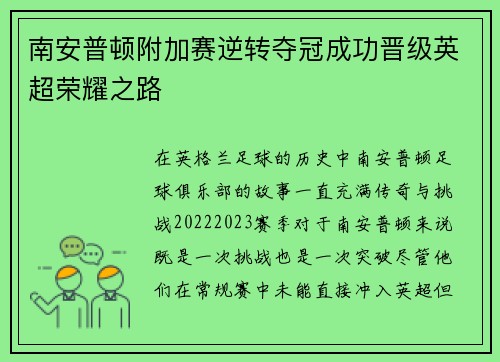 南安普顿附加赛逆转夺冠成功晋级英超荣耀之路