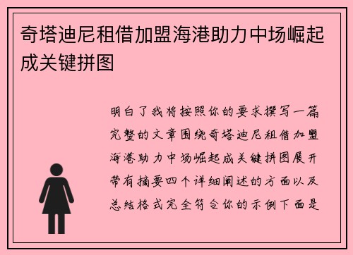奇塔迪尼租借加盟海港助力中场崛起成关键拼图