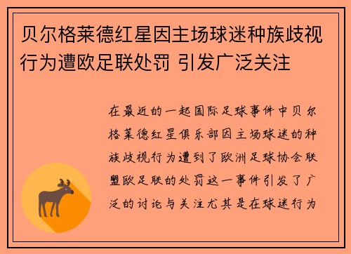 贝尔格莱德红星因主场球迷种族歧视行为遭欧足联处罚 引发广泛关注