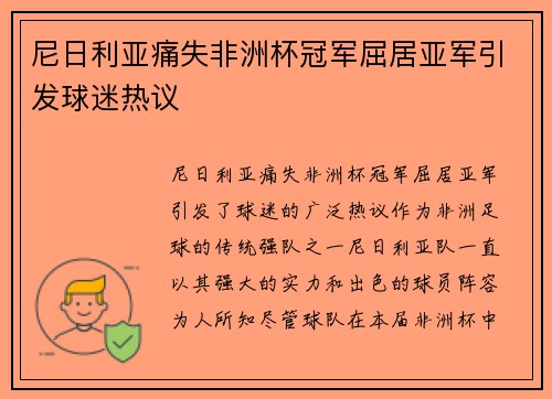 尼日利亚痛失非洲杯冠军屈居亚军引发球迷热议