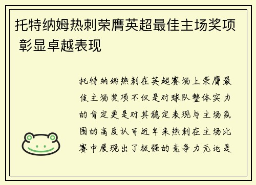 托特纳姆热刺荣膺英超最佳主场奖项 彰显卓越表现
